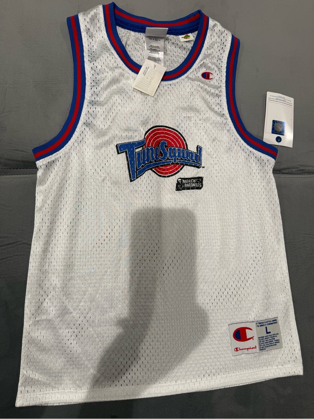 Champion White Tune Squad Kids Basketball Jersey with Red & Blue Trim
